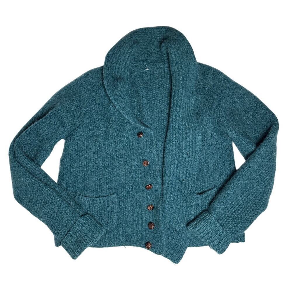 Vintage Teal Wool Cardigan Leather Buttons Large